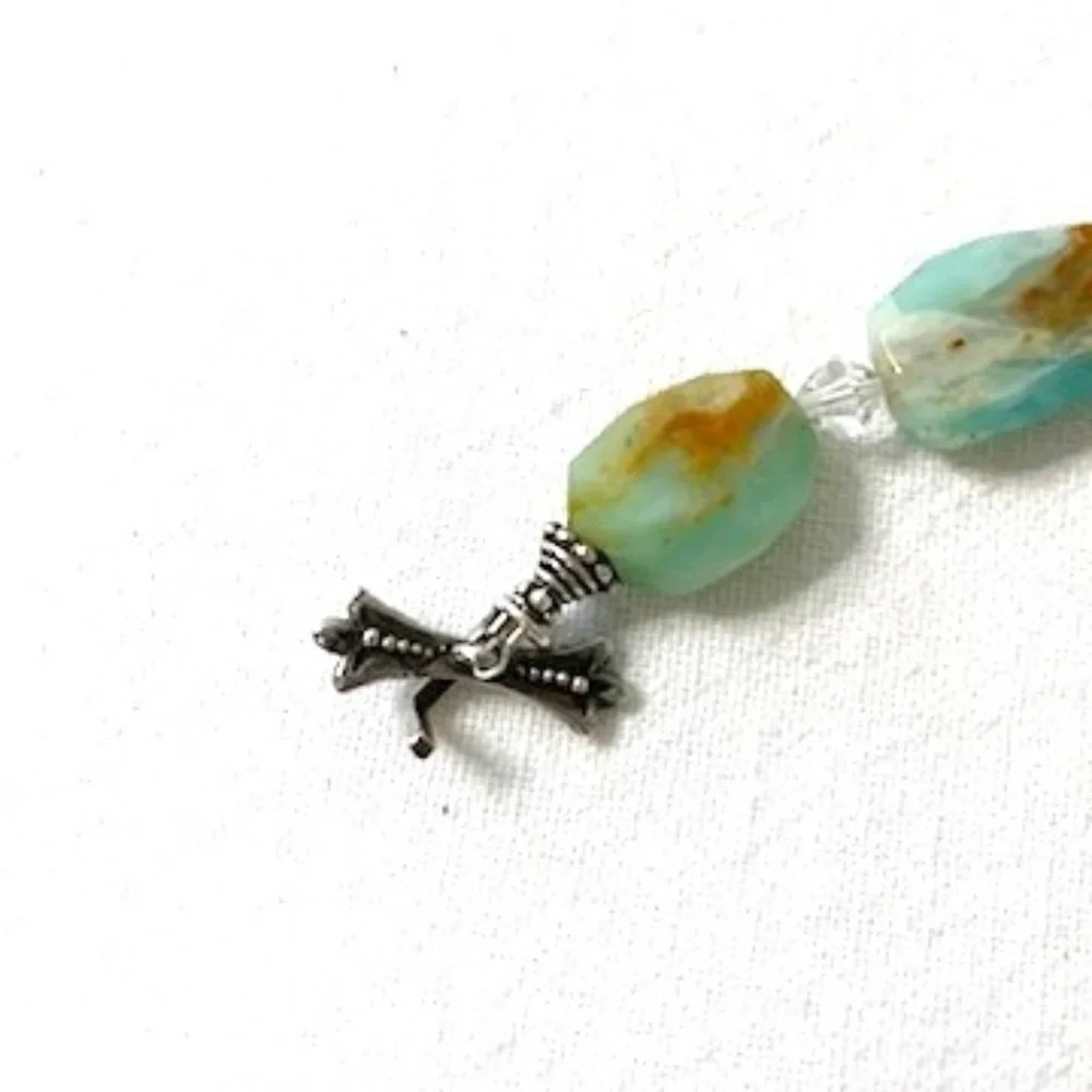 Beaded Bracelet Aqua & Brown Clear‎ Faceted Beads Silver Clasp Marked 925